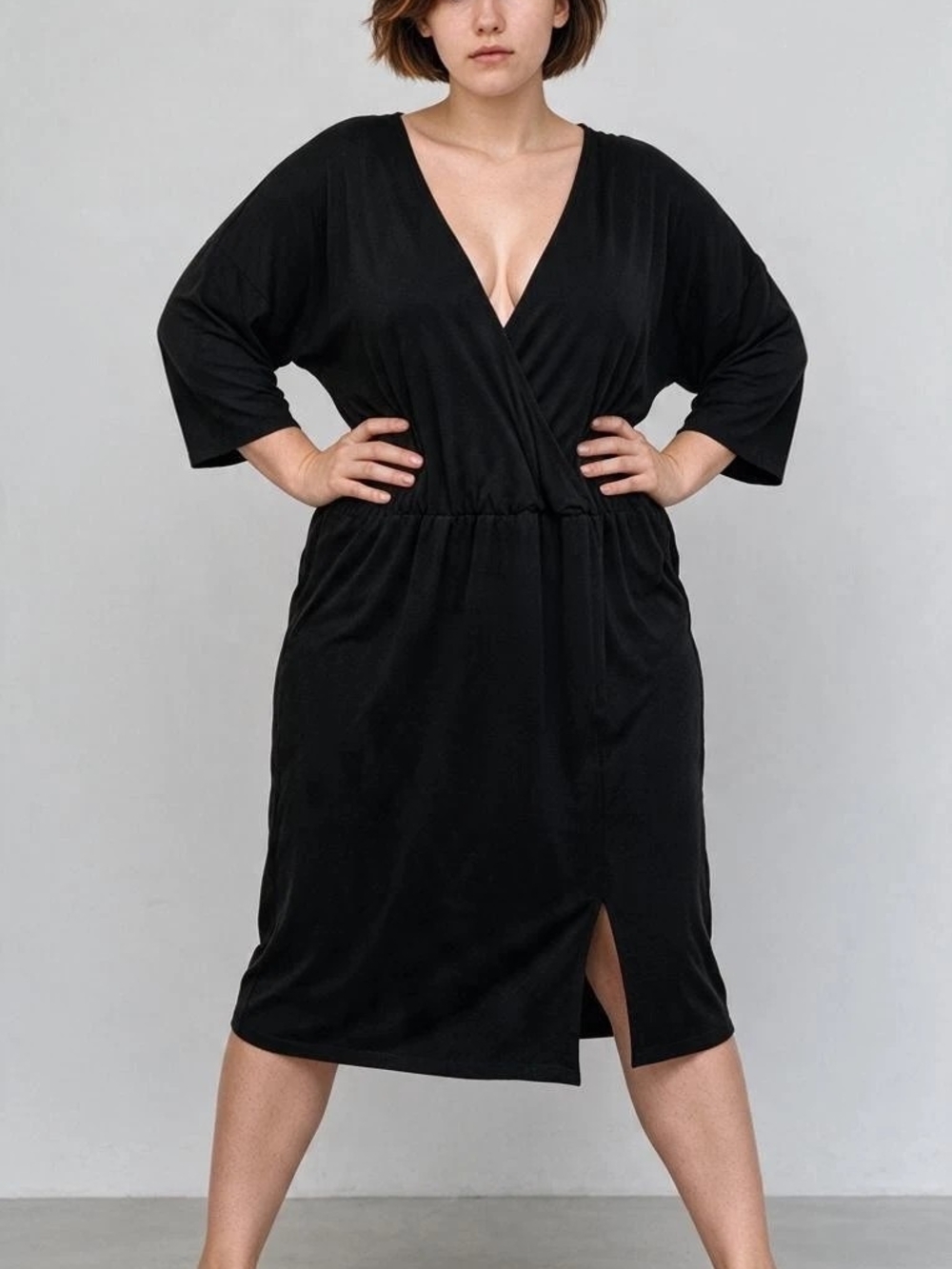 ELOQUII Black V-Neck Midi Dress with Elastic Waist